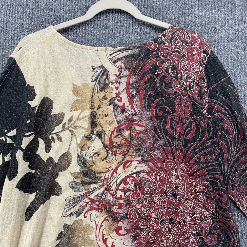 Chicos Sweater Womens XL Floral Watercolor Asymmetrical Artsy Abstract Casual